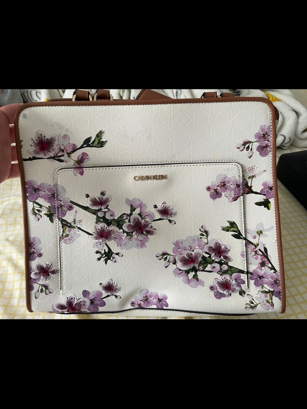 Calvin Klein White Tote with Pink Floral Print and Brown Trim